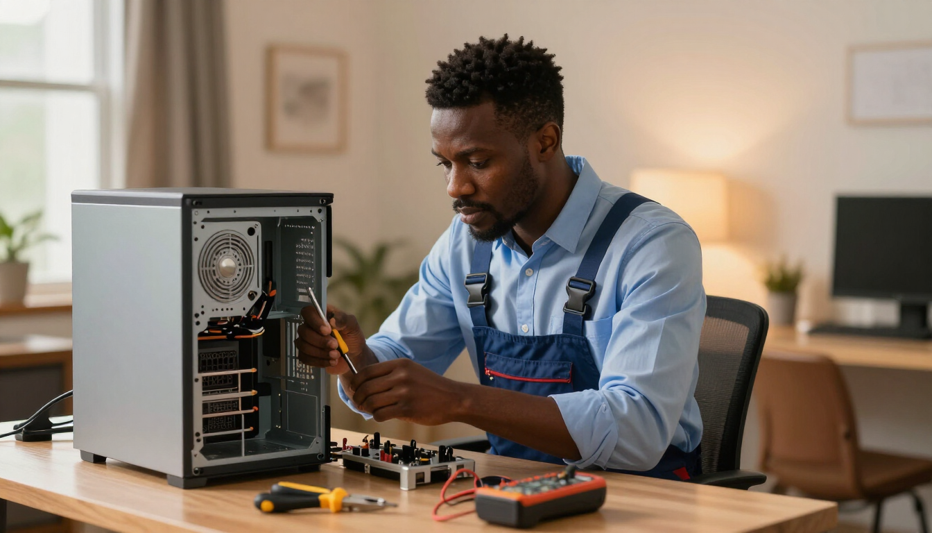Atikoom technician repairing a desktop computer in a Madisonville home.