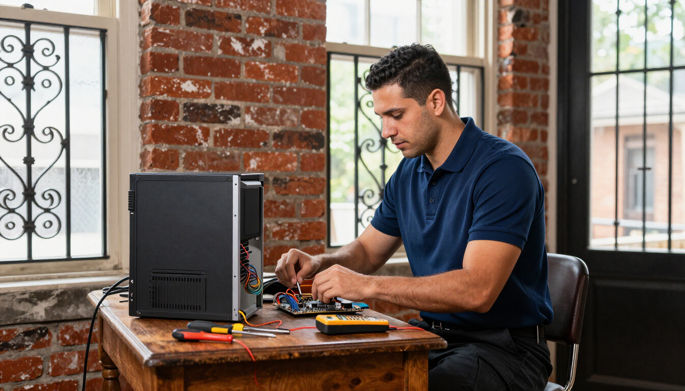 Atikoom technician repairing a desktop computer in a New Orleans home.