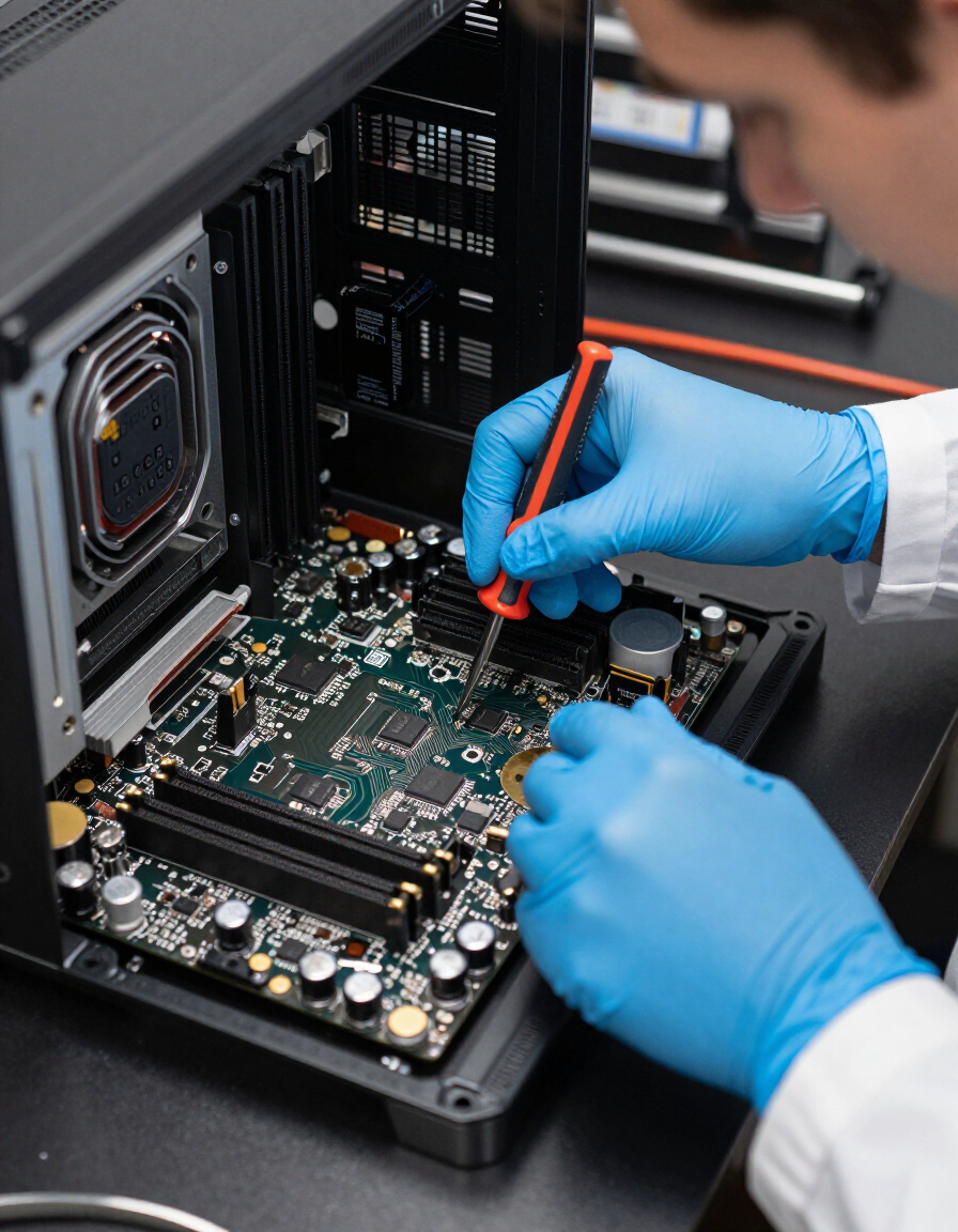 Close-up of internal desktop computer hardware repair by Atikoom in New Orleans