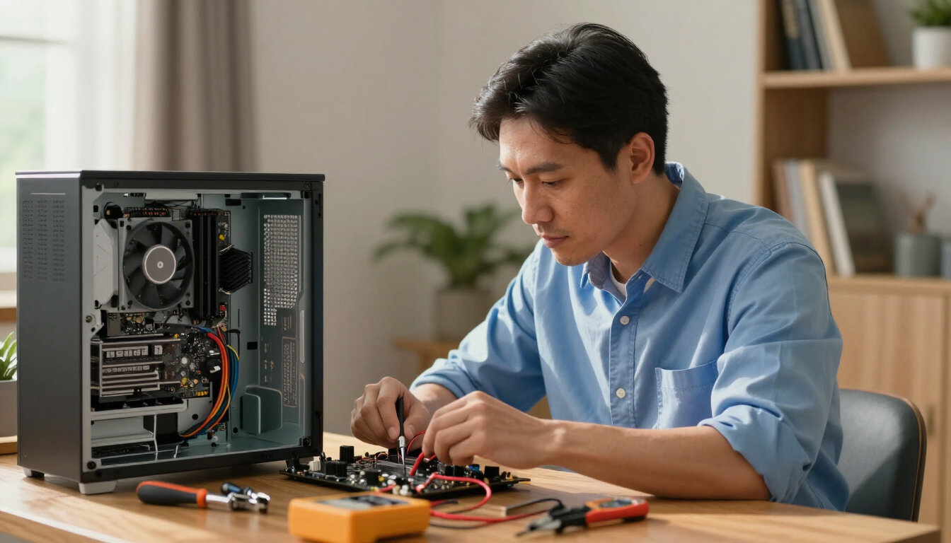 Atikoom technician repairing a desktop computer in a Covington home.