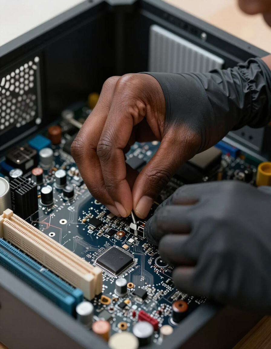 Close-up of desktop computer hardware repair by Atikoom in Covington