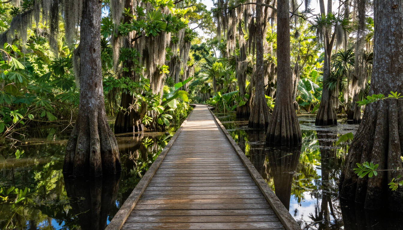 Boardwalk trail through the Barataria Preserve wetlands near Marrero, Louisiana.