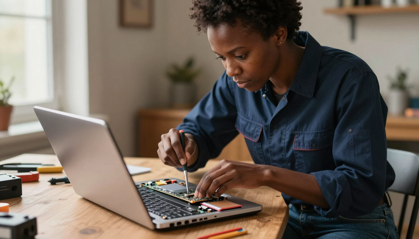 Atikoom technician repairing laptop internals, bottom panel removed, in a Mandeville home.