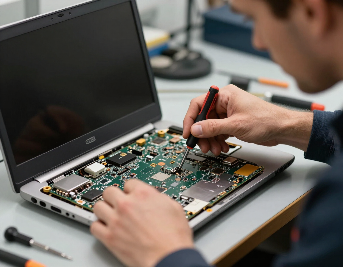 Close-up of laptop internal hardware repair by Atikoom in Mandeville, bottom panel removed