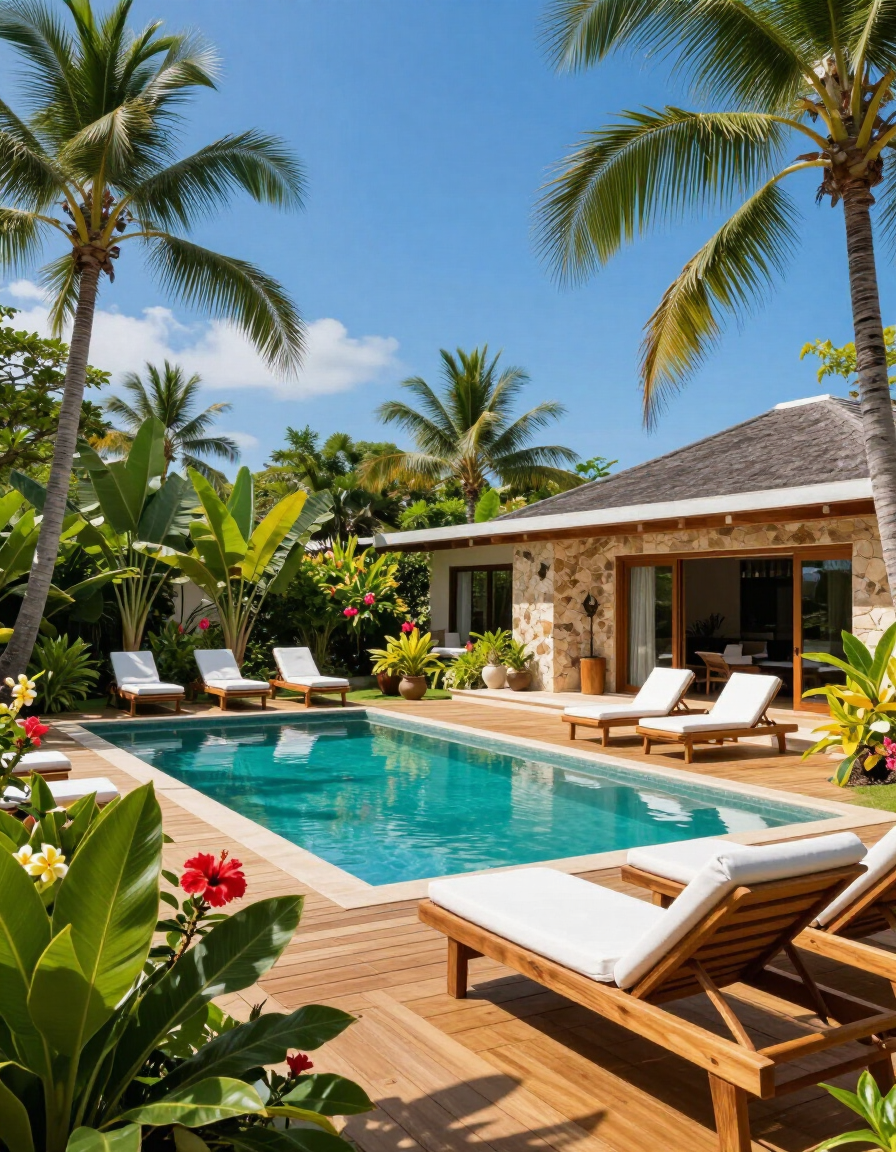 Tropical garden and pool at luxury holiday home