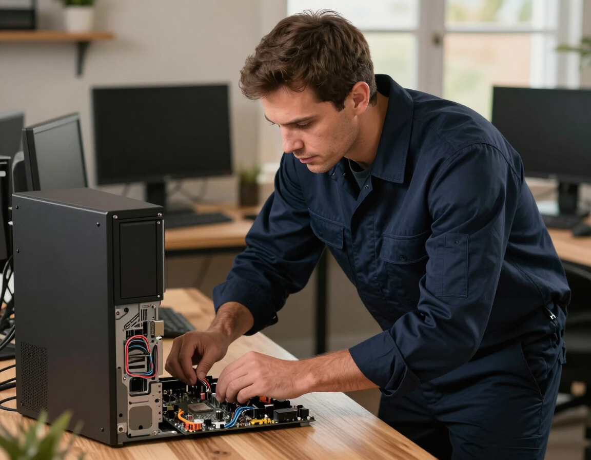 Atikoom technician diagnosing a desktop computer on-site in Southeast Louisiana.