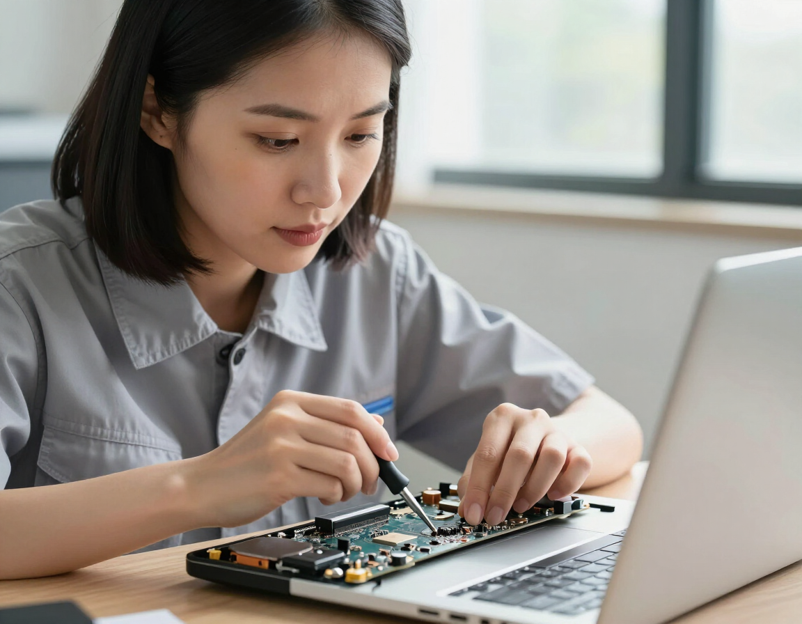 Close-up of laptop internal hardware repair by Atikoom in Marrero, bottom panel removed