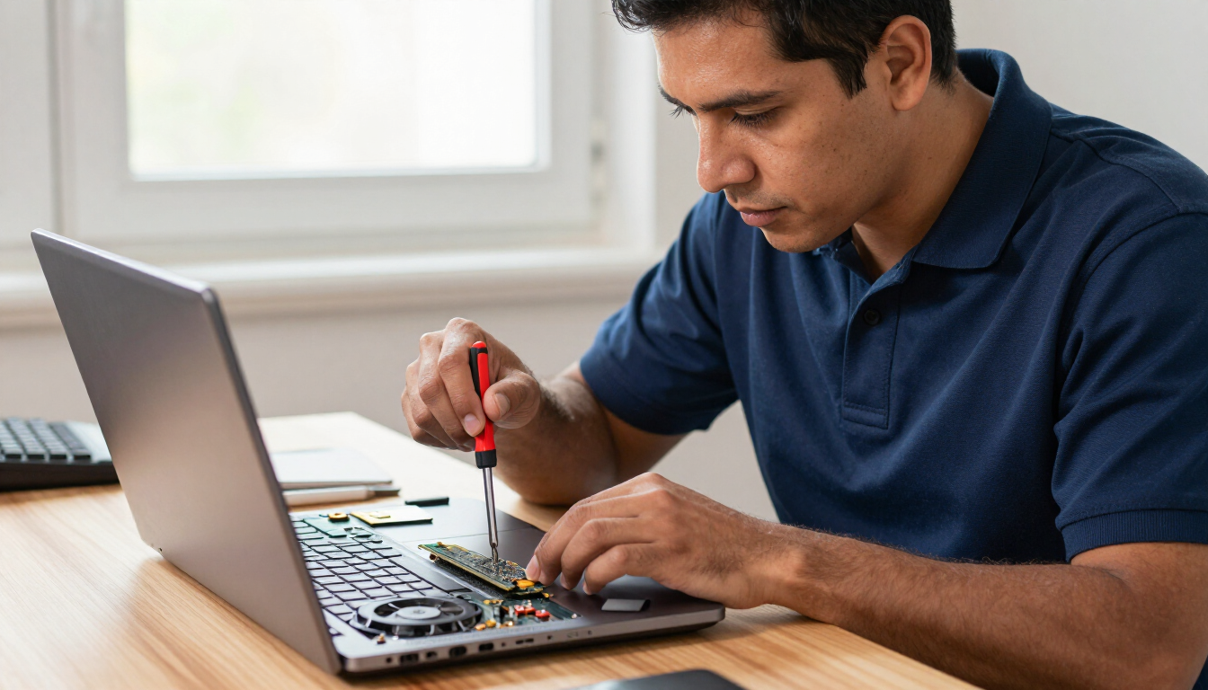 Atikoom technician repairing laptop internals, bottom panel removed, in a Marrero home.
