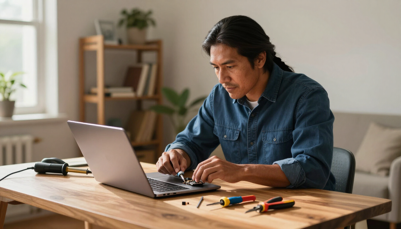 Atikoom technician repairing a laptop in a Covington home.