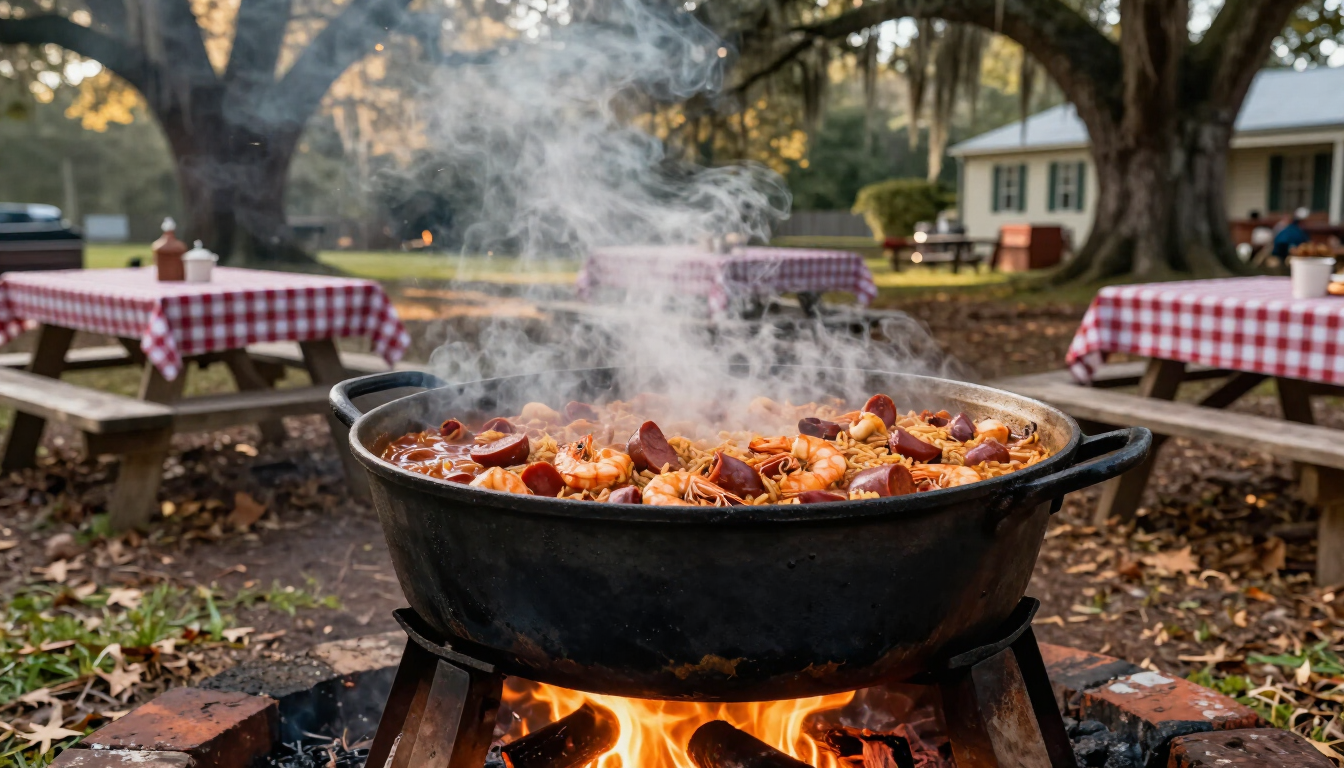 A cast iron pot of jambalaya, a Gonzales, Louisiana culinary tradition.