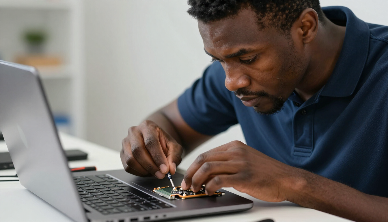 Close-up of laptop hardware repair by Atikoom in Madisonville.
