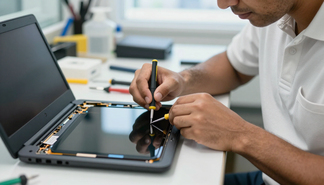 Atikoom technician repairing a laptop screen for a customer in Southeast Louisiana.