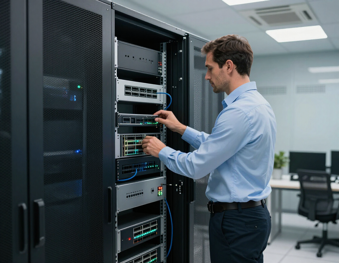 Atikoom technician setting up business network equipment for a small business.