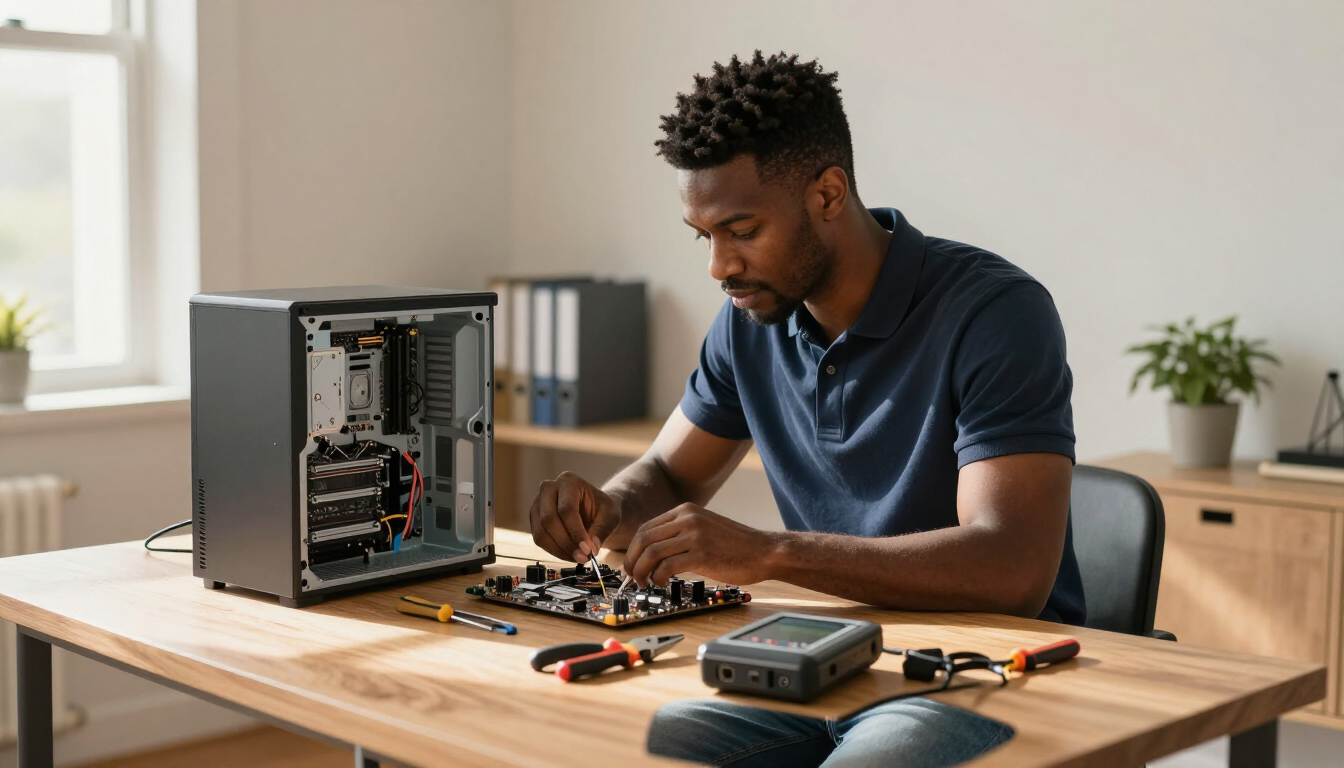 Atikoom technician repairing a desktop computer in a Baton Rouge home.