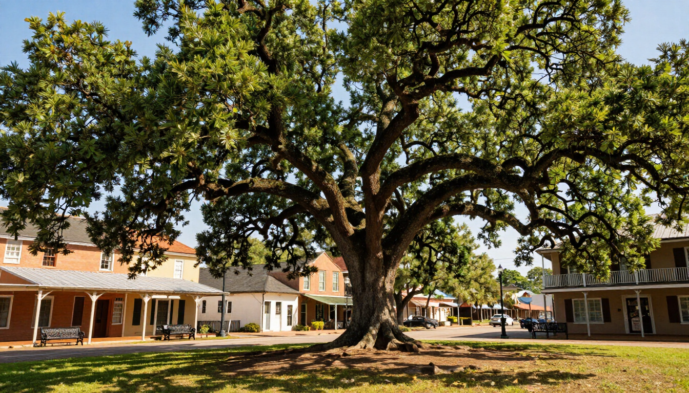 Historic oak tree in downtown Hammond, Louisiana, marking the town founder's gravesite.