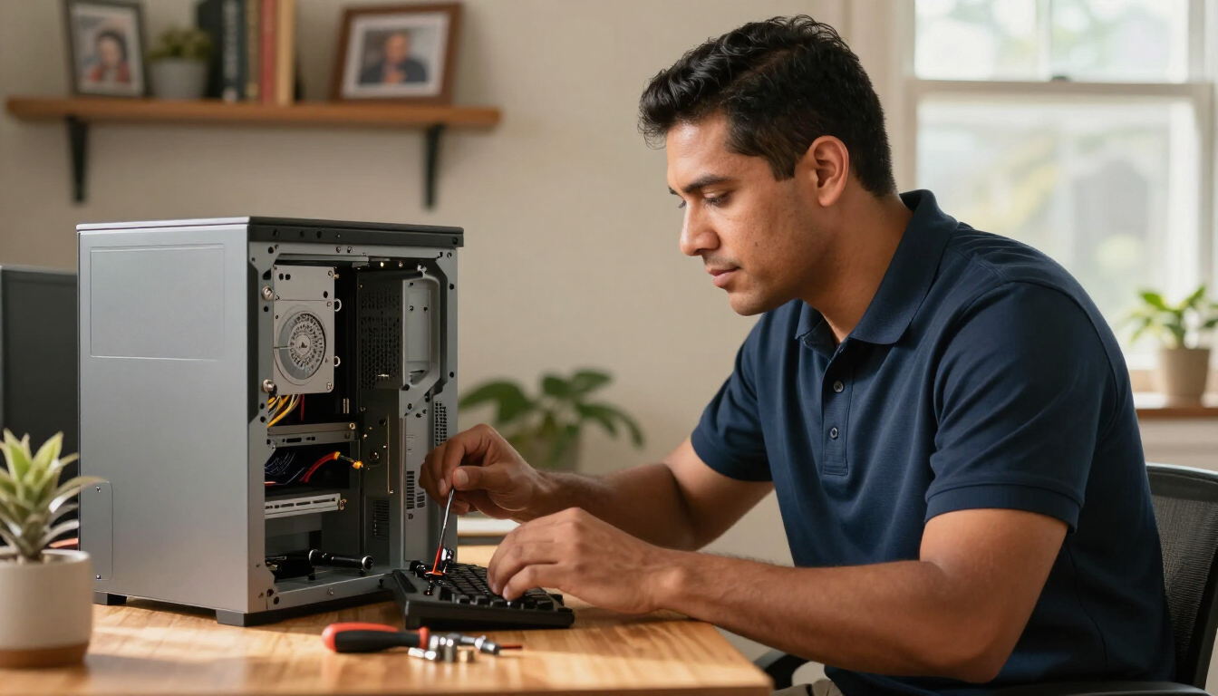 Atikoom technician repairing a desktop computer in a Kenner home.