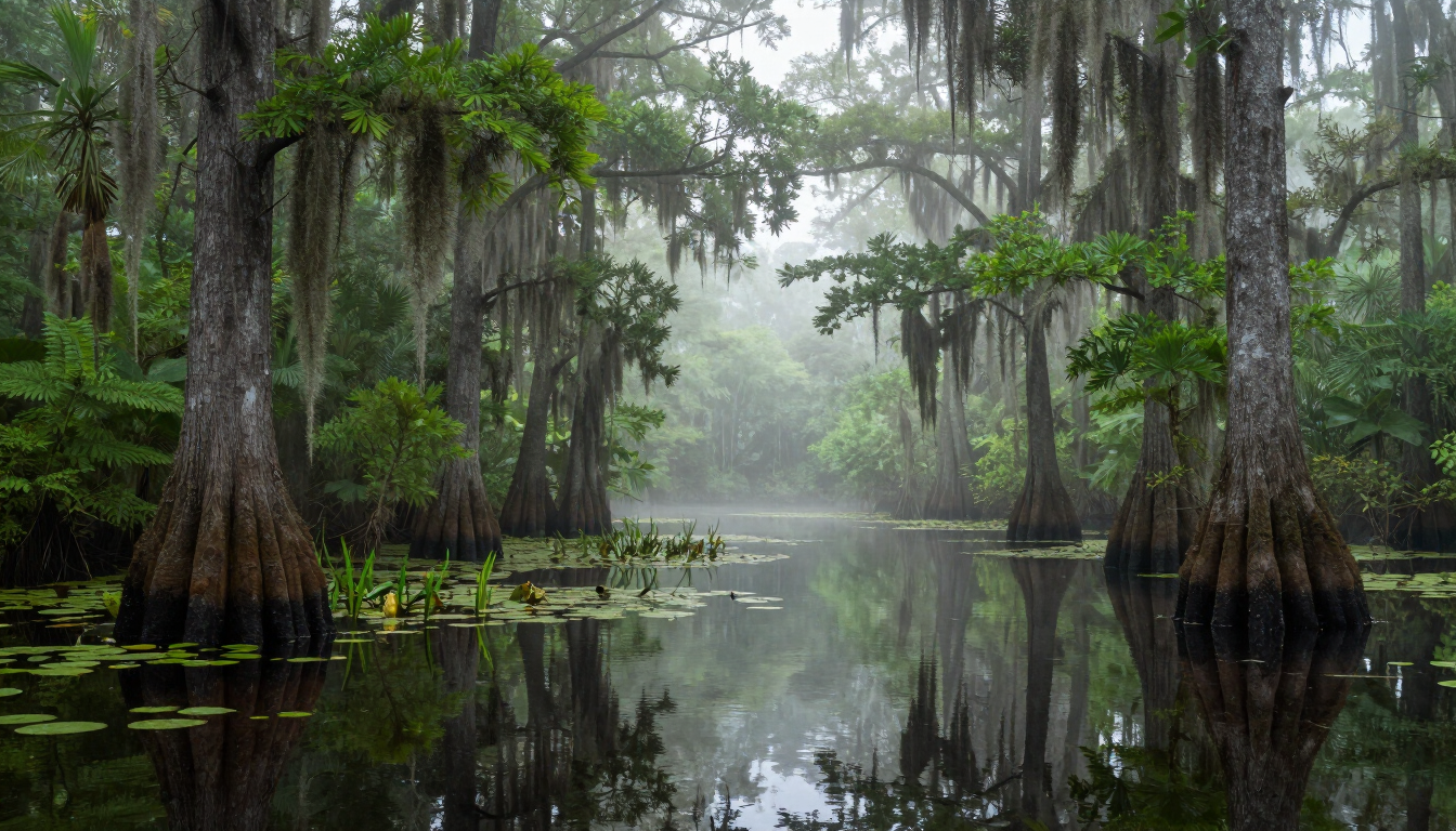 Cypress trees and wetland at Honey Island Swamp near Slidell, Louisiana.
