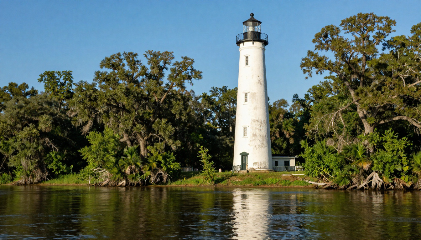 The historic Tchefuncte River Lighthouse in Madisonville, Louisiana.