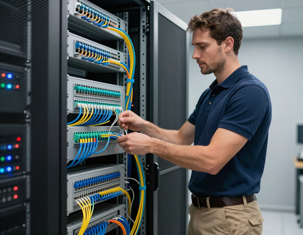 Technician installing structured cabling in a network closet