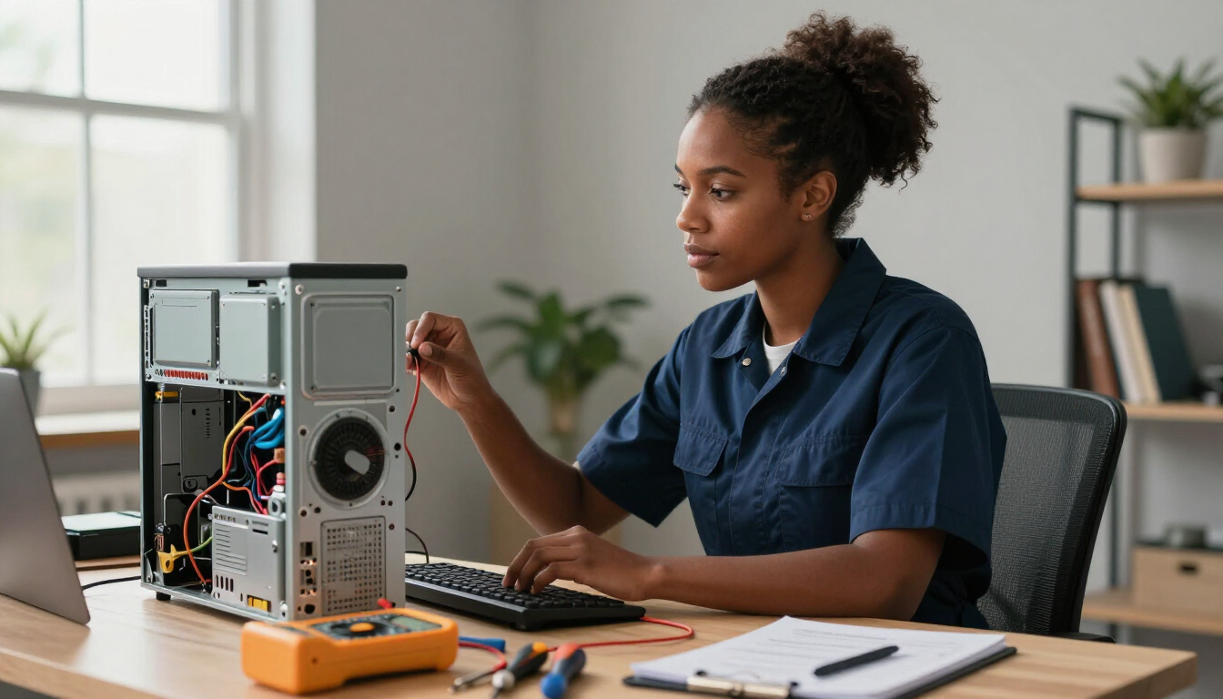 Atikoom technician diagnosing a desktop computer in a Metairie home.