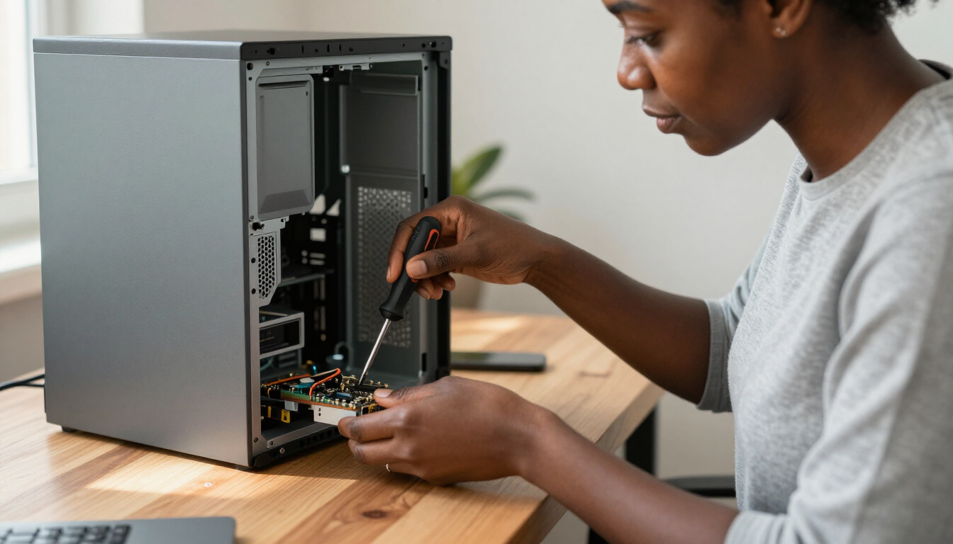 Atikoom technician repairing a desktop computer in a Marrero home.