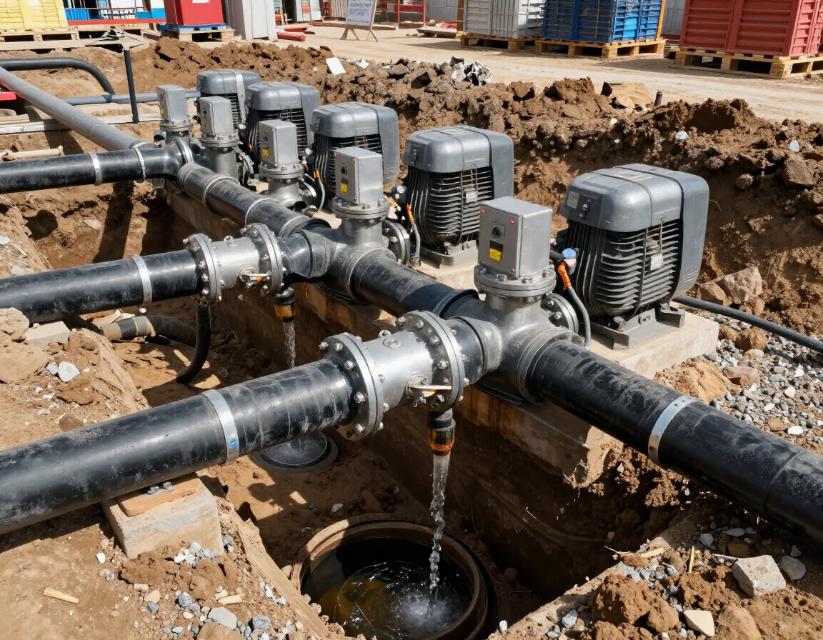 Equipos de bombeo y tuberías negras en una obra en construcción fangosa, con agua fluyendo hacia un pozo.