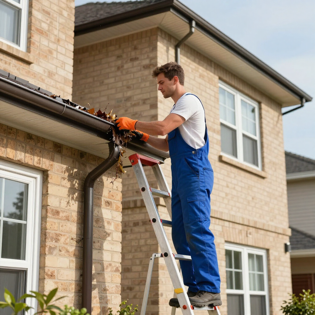 Worker on a ladder using a chainsaw to trim the roof gutter of a brick house