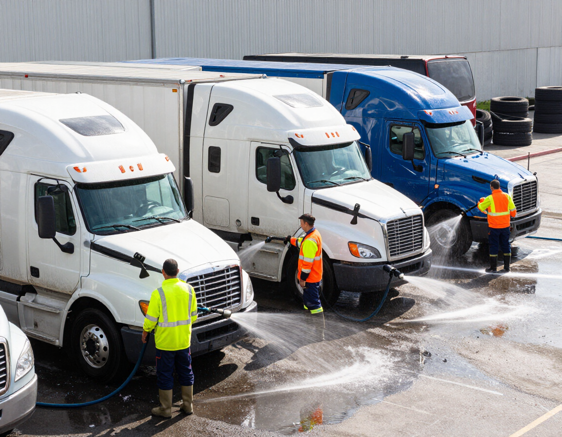 Truck drivers and workers standing beside white and blue semi-trucks in a wet parking lot
