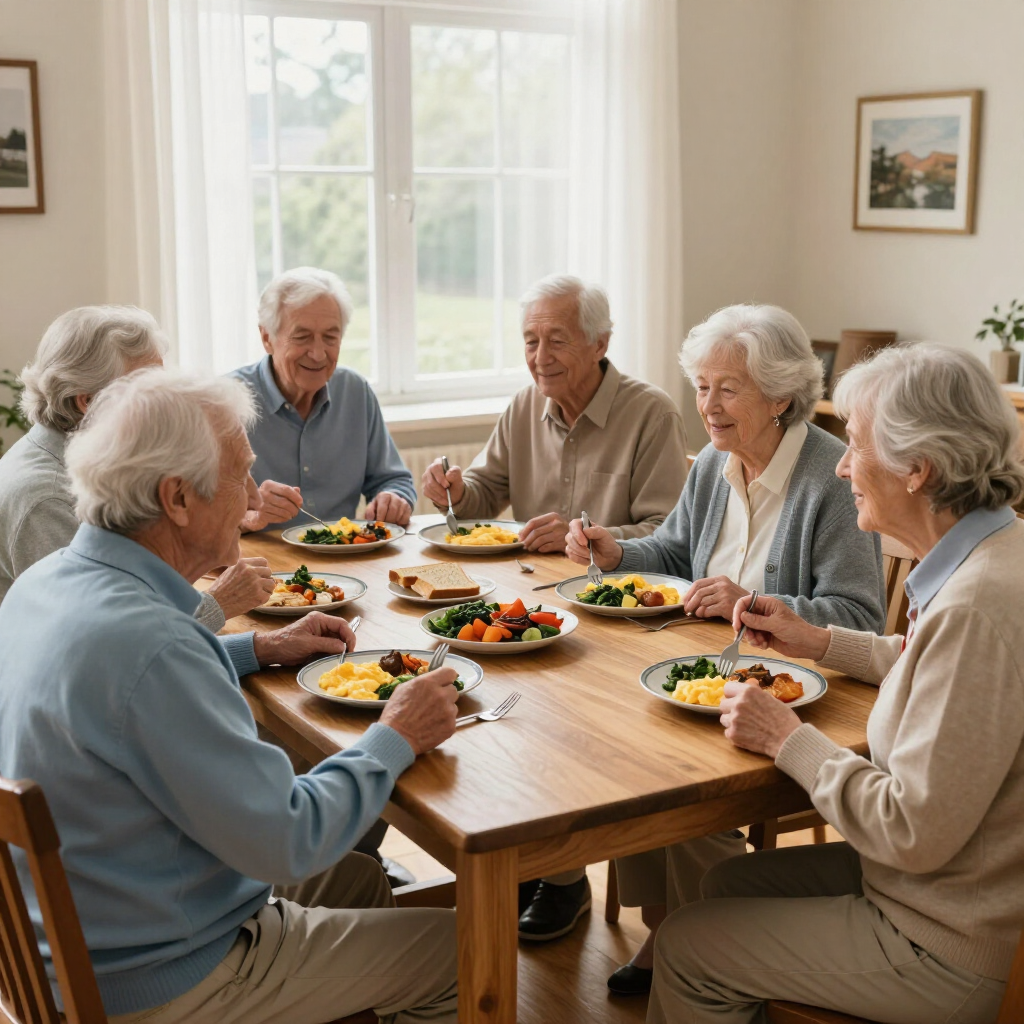 Un grupo de adultos mayores sentados alrededor de una mesa de comedor, compartiendo una comida en una habitación luminosa.