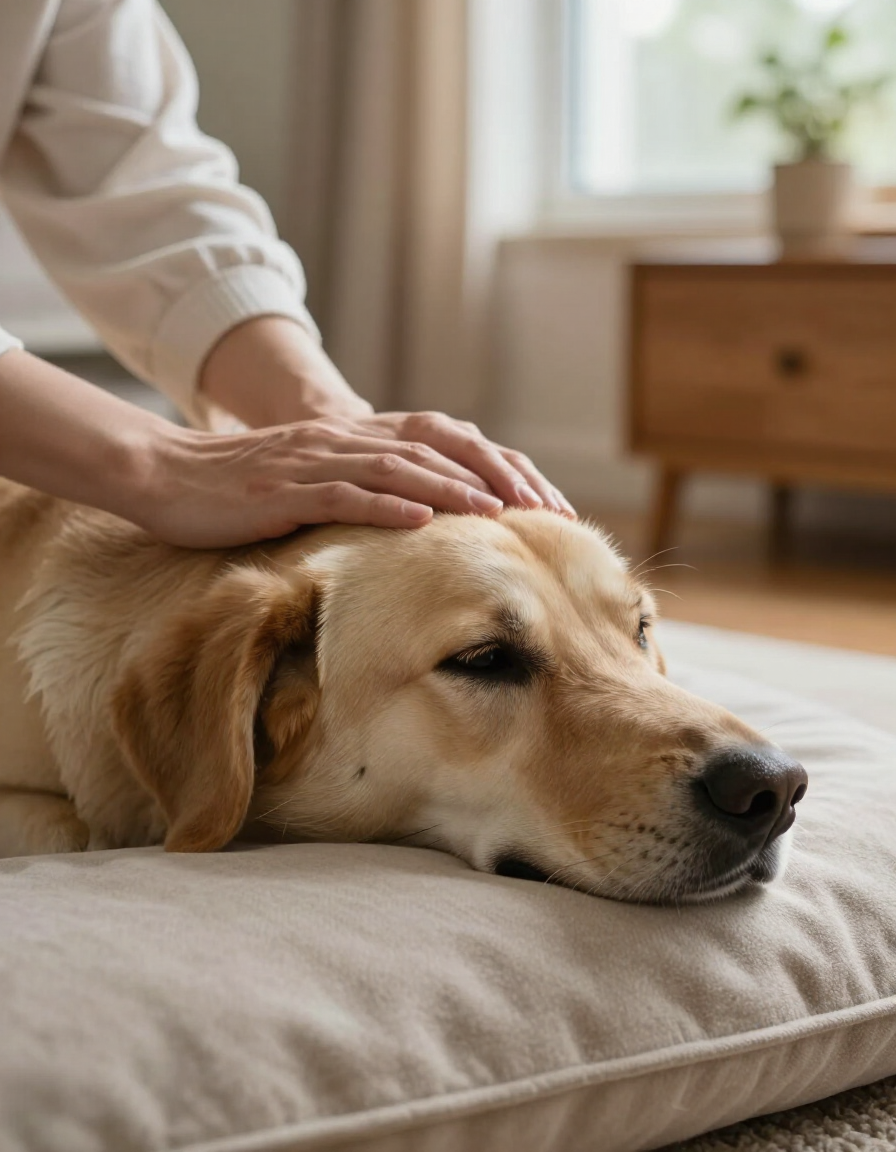 Manos acarician con calma a un perro en casa