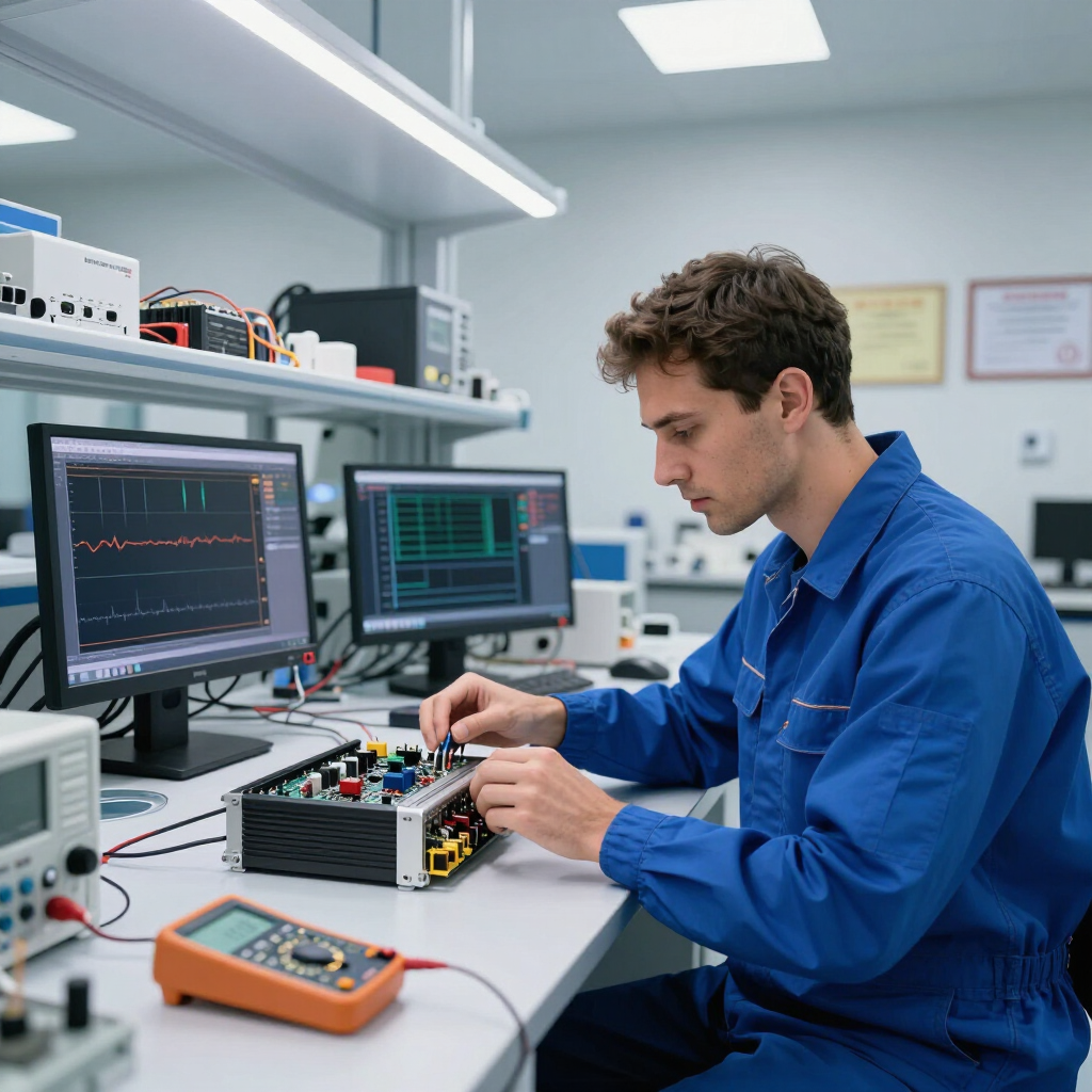 Técnico con bata azul de laboratorio probando componentes electrónicos en un banco de trabajo con monitores e instrumentos.