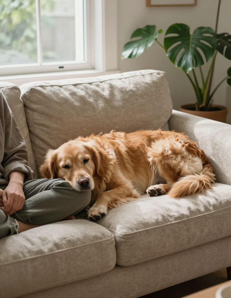 Una mascota descansa junto a su cuidadora en un ambiente cálido y luminoso