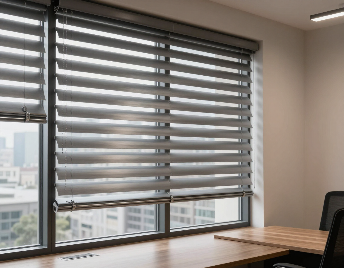 Rincón de oficina moderno con grandes ventanales, persianas grises y un escritorio de madera junto a la ventana.