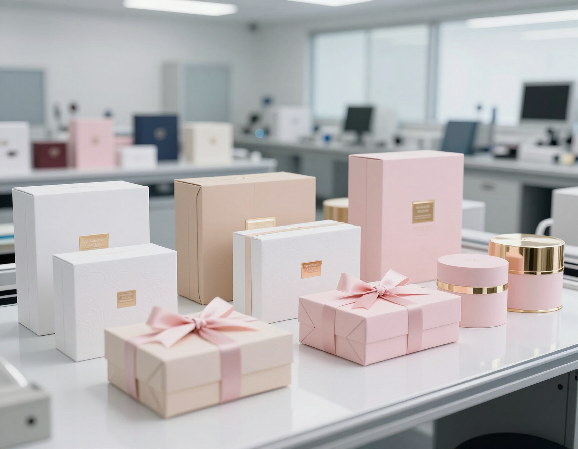 Cajas de regalo y embalajes rosas y blancos dispuestos sobre un escritorio en un espacio de trabajo de oficina luminoso.