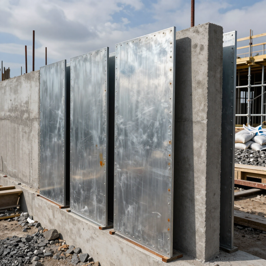 Muro de hormigón parcialmente construido con paneles metálicos brillantes en una obra en construcción.
