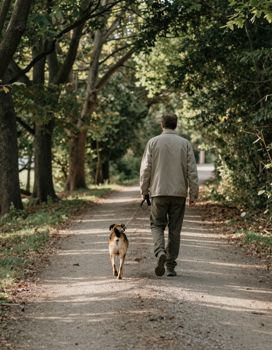 Un perro pasea con su cuidador por un sendero tranquilo