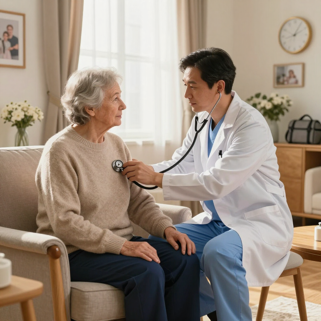 Un médico examina el corazón de un paciente anciano con un estetoscopio en un entorno doméstico luminoso.