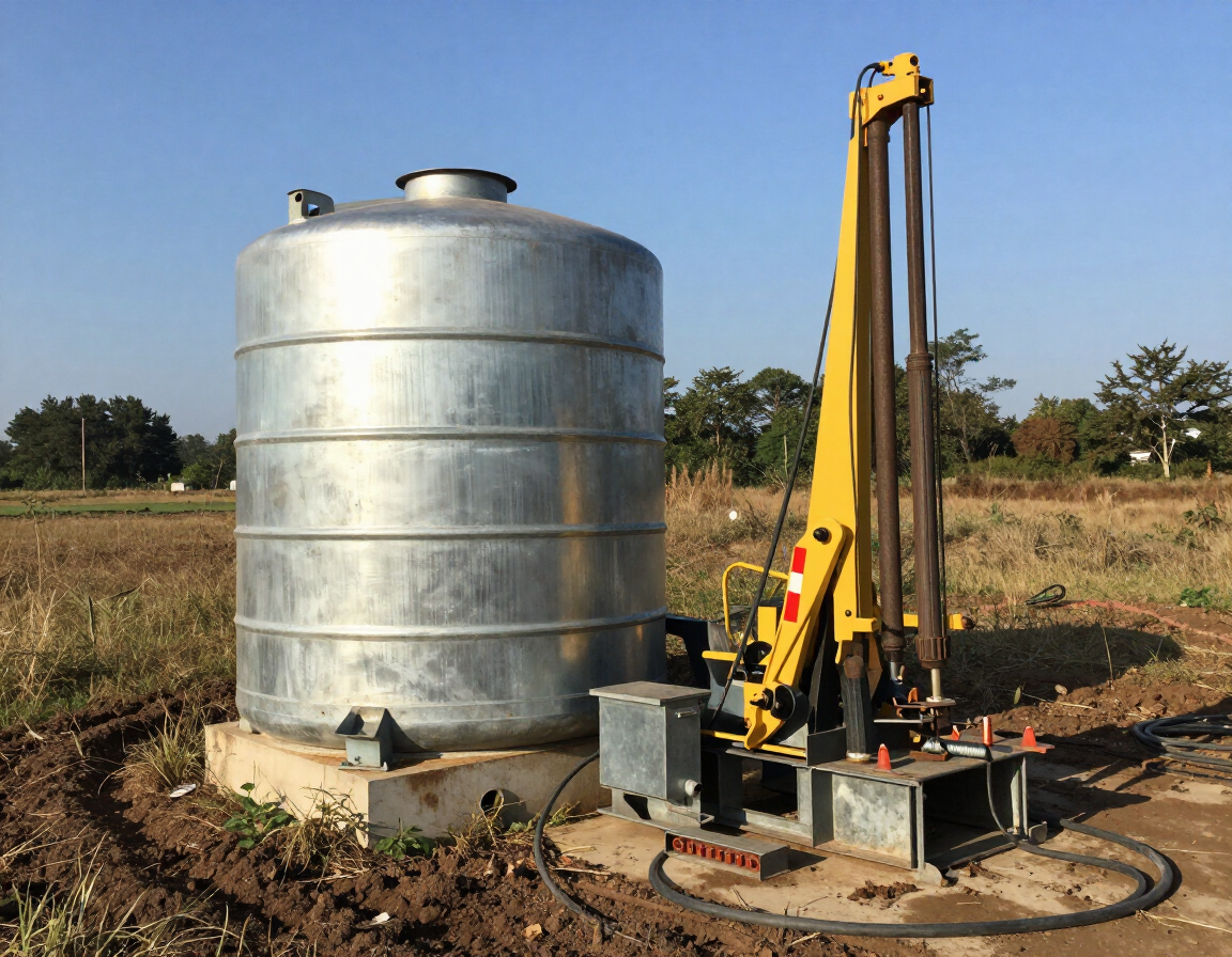 Plataforma de perforación amarilla junto a un gran tanque de agua plateado sobre una plataforma de hormigón en un campo.