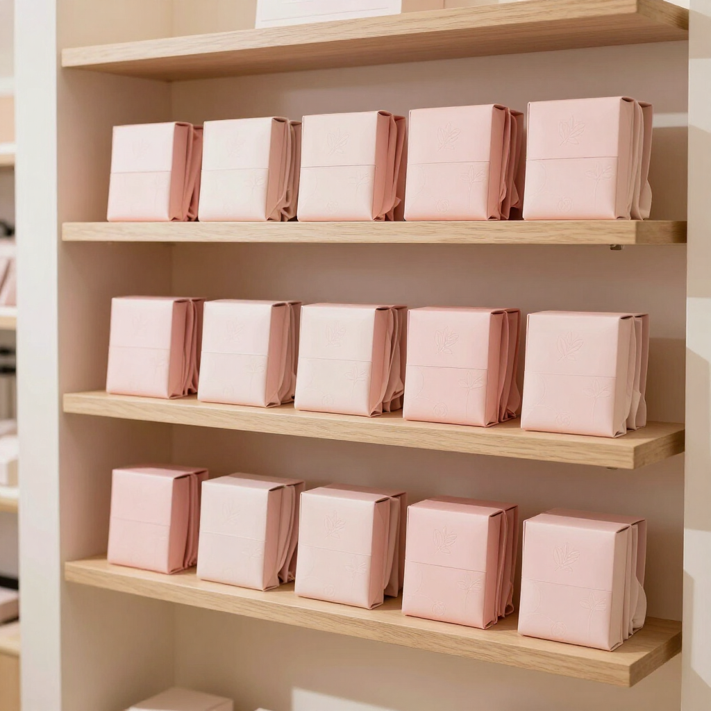 Estantes de madera forrados con paquetes cuidadosamente doblados de color rosa pálido y blanco.