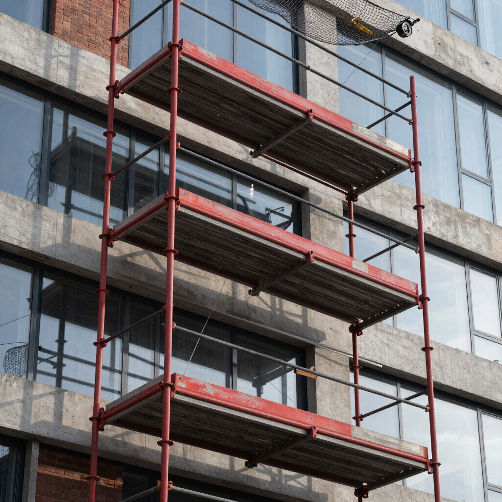 Andamios rojos frente a un edificio con ventanas de vidrio reflectante.
