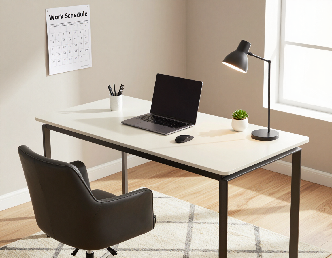 Despacho minimalista en casa con silla negra, escritorio blanco, ordenador portátil, lámpara y calendario junto a la ventana.