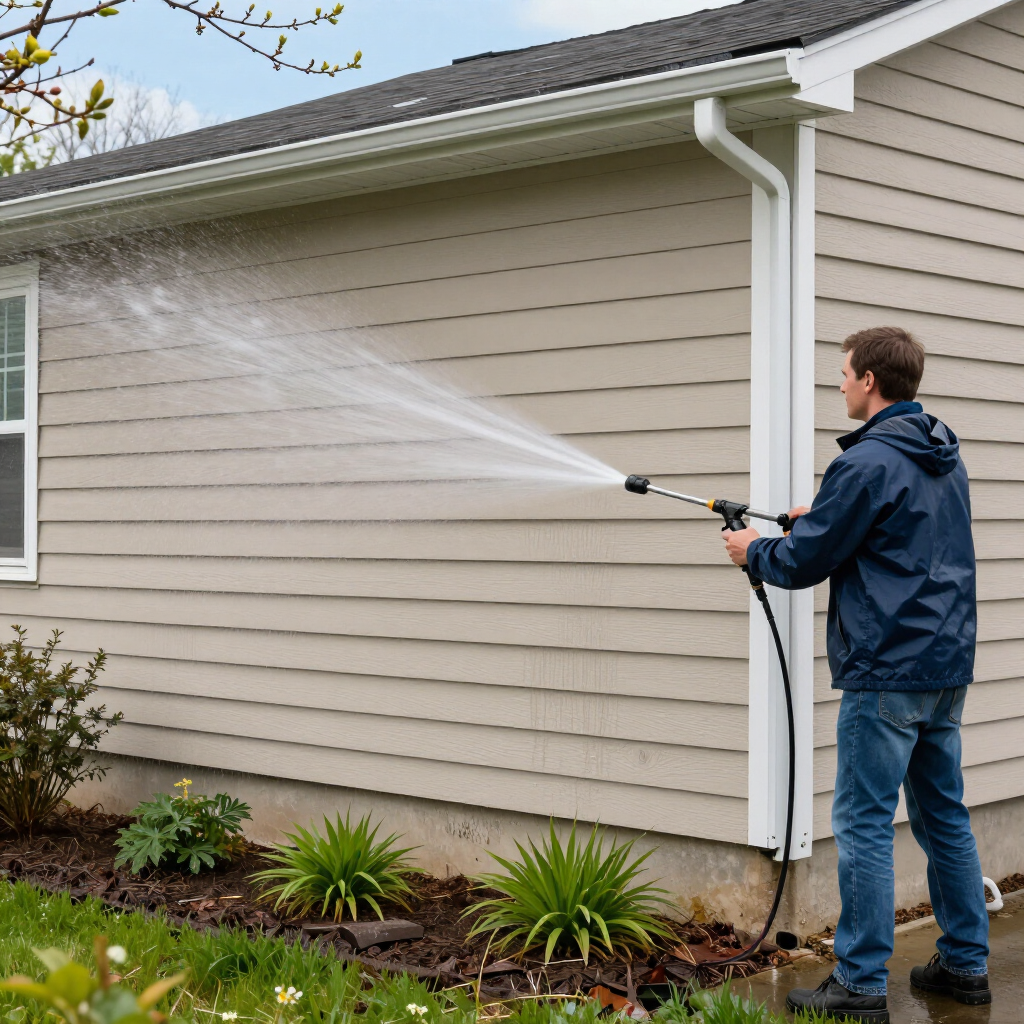 Person pressure washing beige house siding outdoors near garden beds