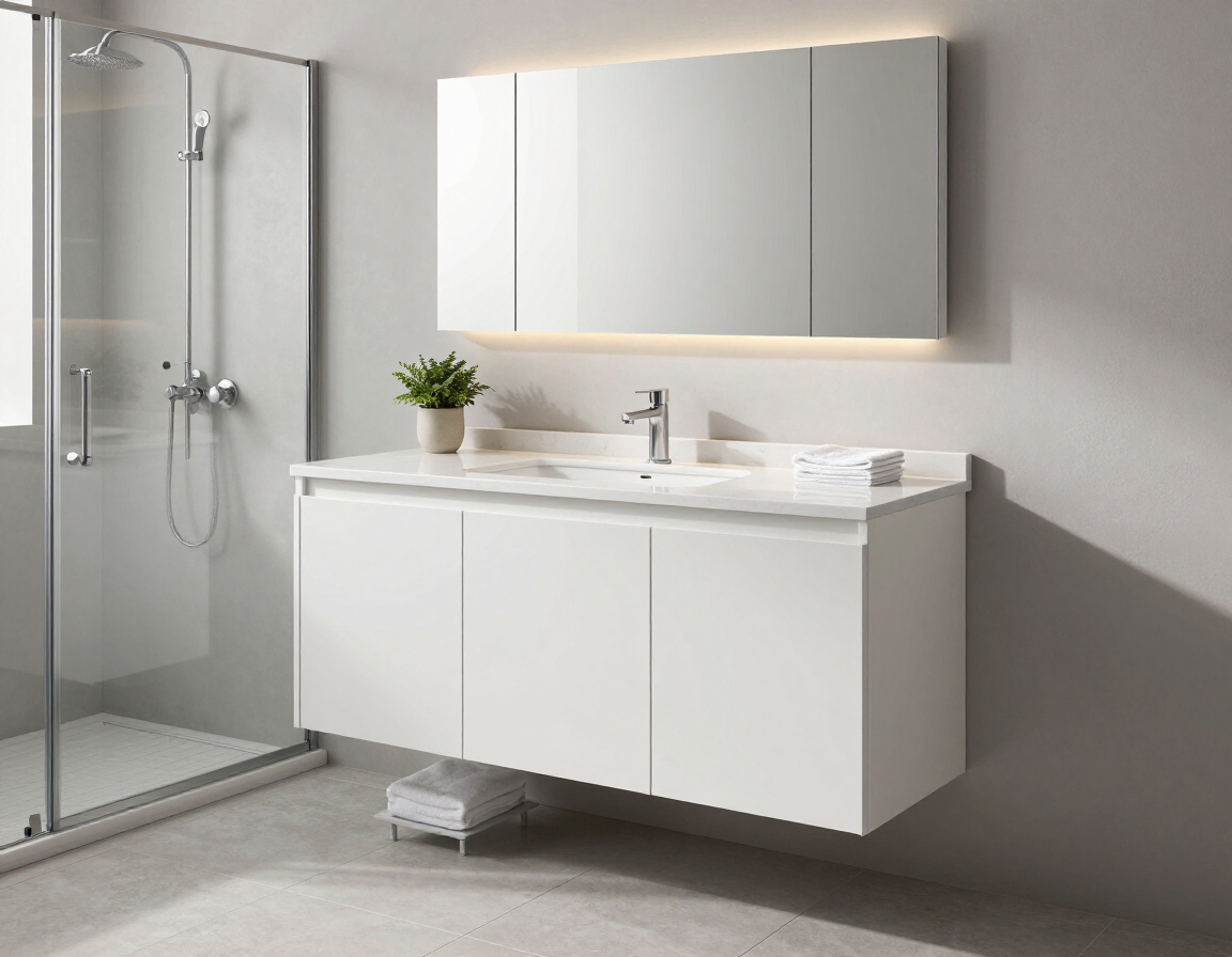 Tocador de baño moderno de color blanco con espejo, lavabo, ducha y toallero en un interior minimalista.