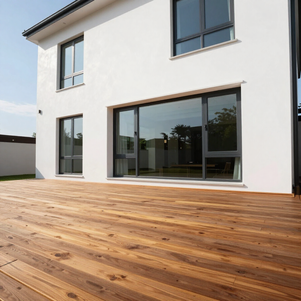 Modern white two-story house with large windows and a wooden deck patio