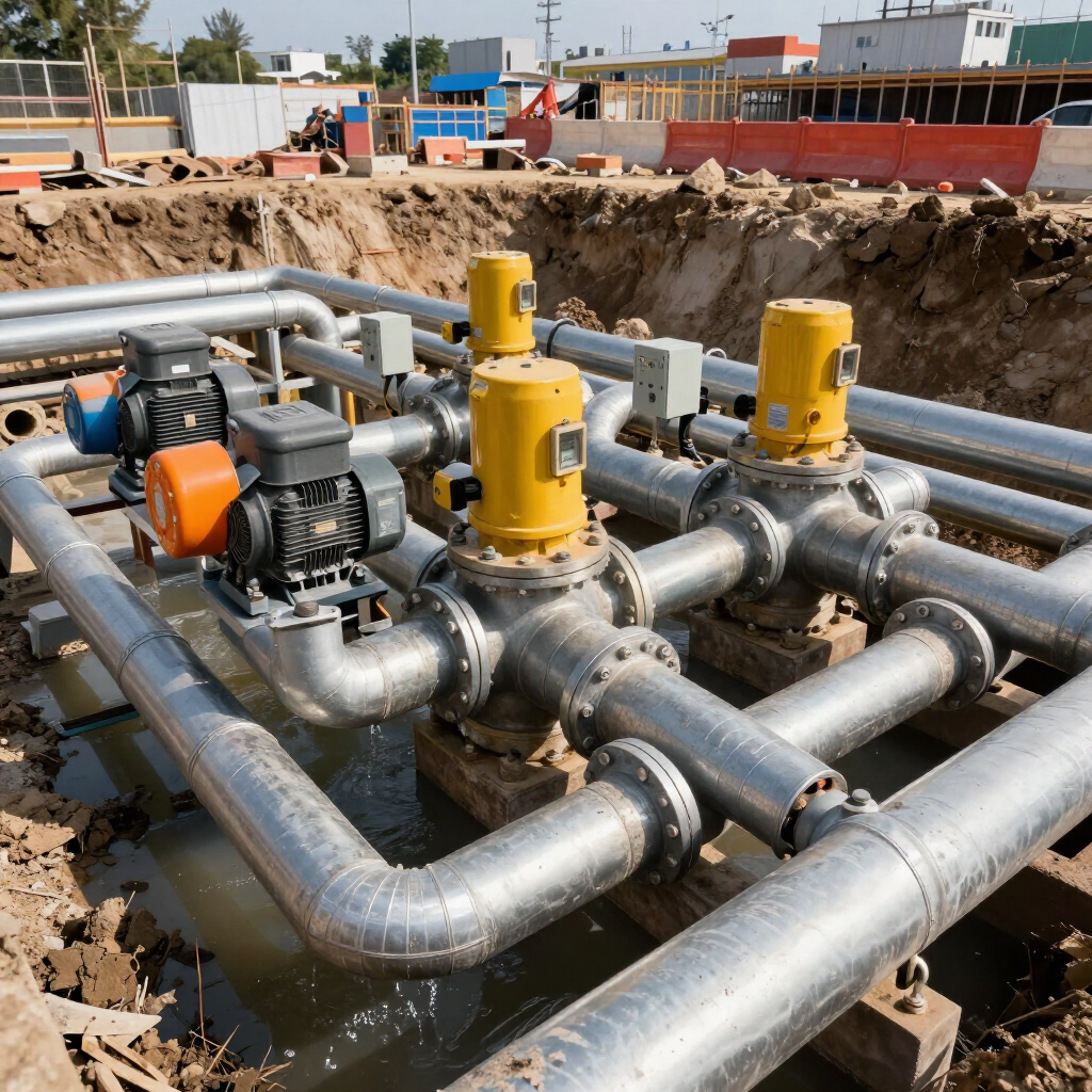 Tuberías industriales y válvulas amarillas en una zanja de una obra en construcción.