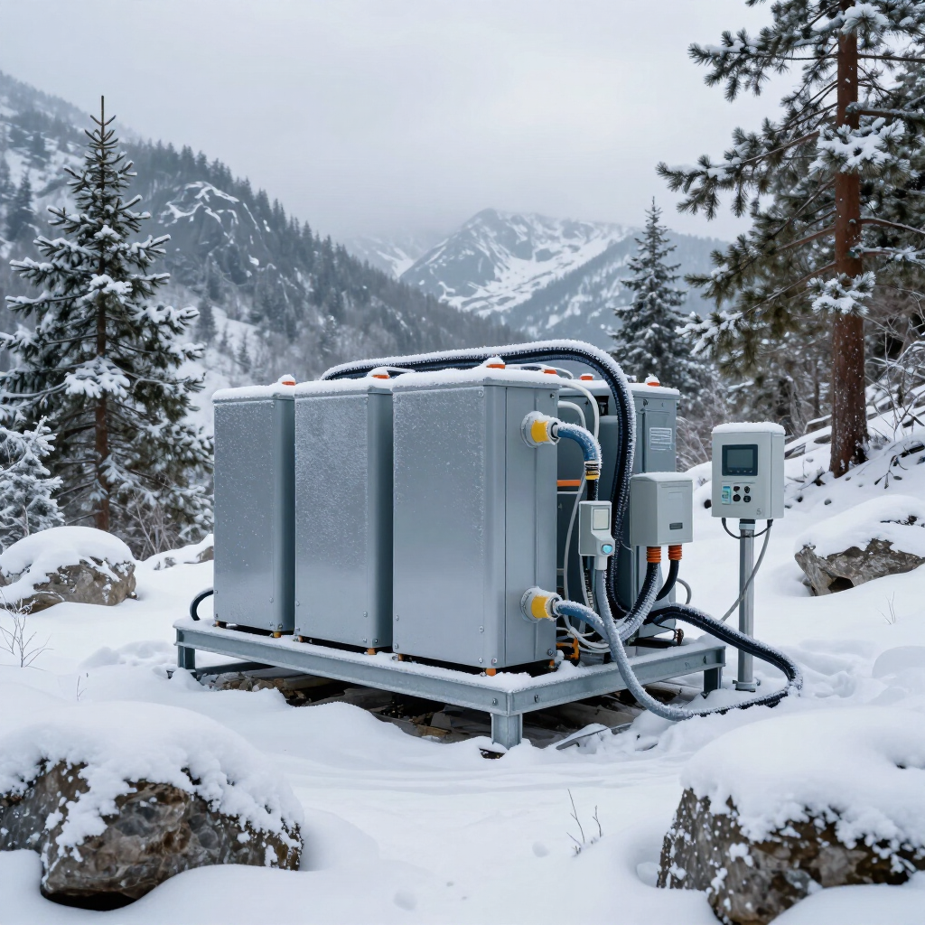 Equipo industrial cubierto de nieve con panel de control en un paisaje de montaña.