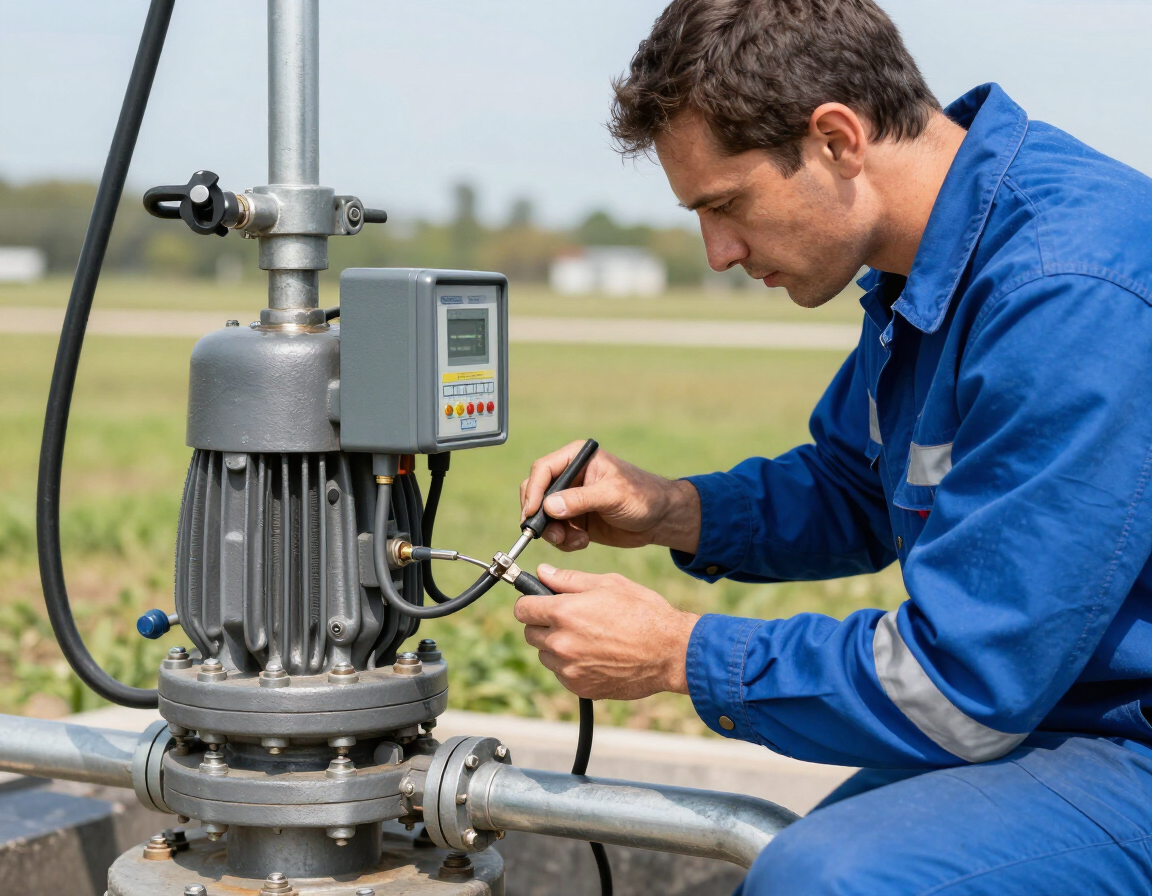 Técnico con mono azul inspeccionando una bomba industrial con una llave inglesa al aire libre.