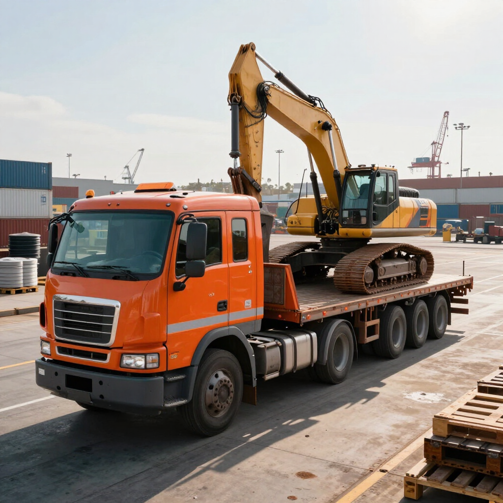Camión de plataforma naranja que transporta una excavadora amarilla en un patio industrial.