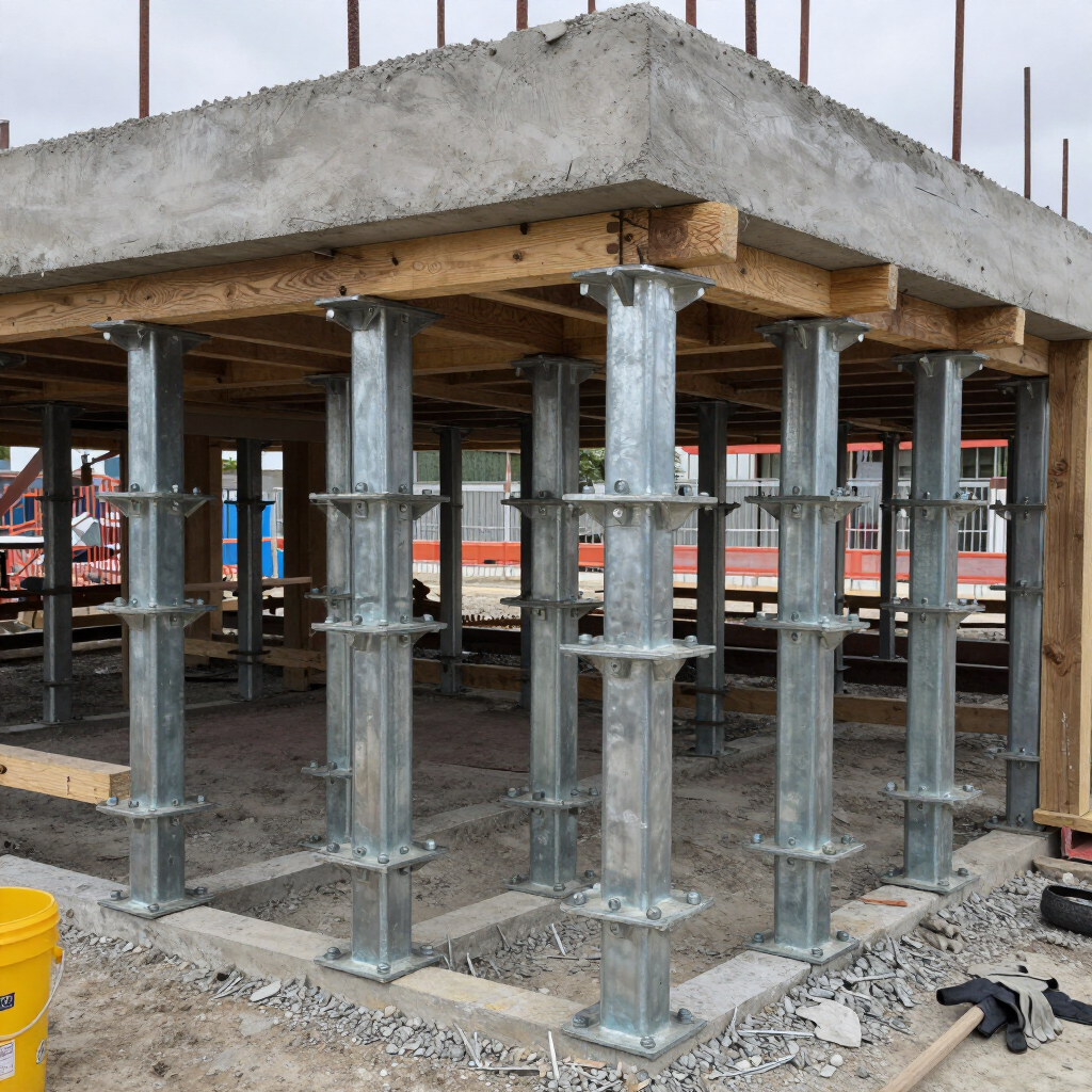 Edificio de hormigón en construcción con columnas de soporte de acero y cimentación a la vista.