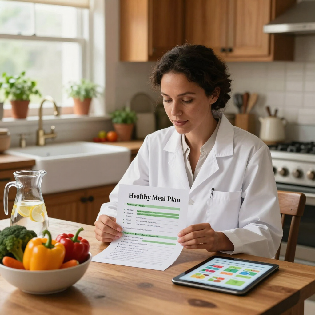 Una persona con bata blanca lee un plan de nutrición en una cocina luminosa con fruta y una tableta sobre la encimera.